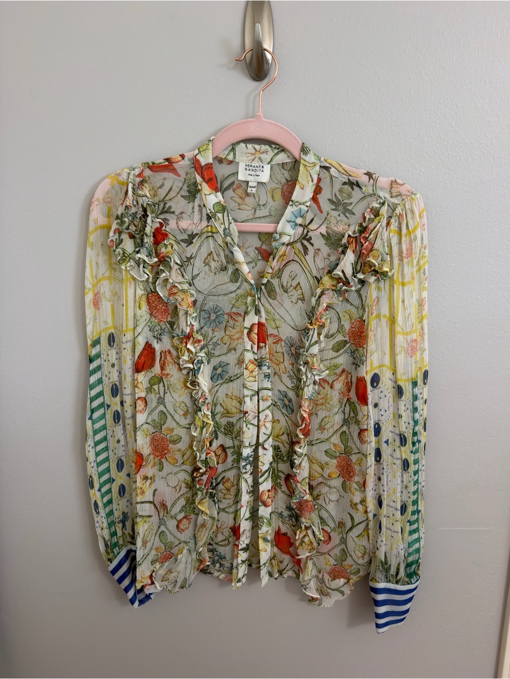 Hemant and Nandita Floral Ruffle Sheer Blouse with Striped Cuffs